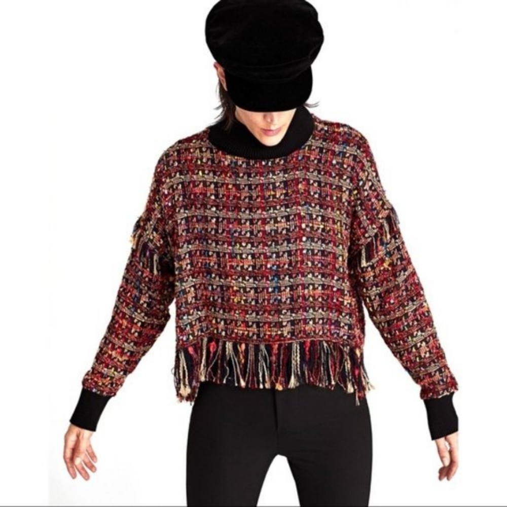 Sz S - Zara Tweed Long Sleeve Sweater with Fringe